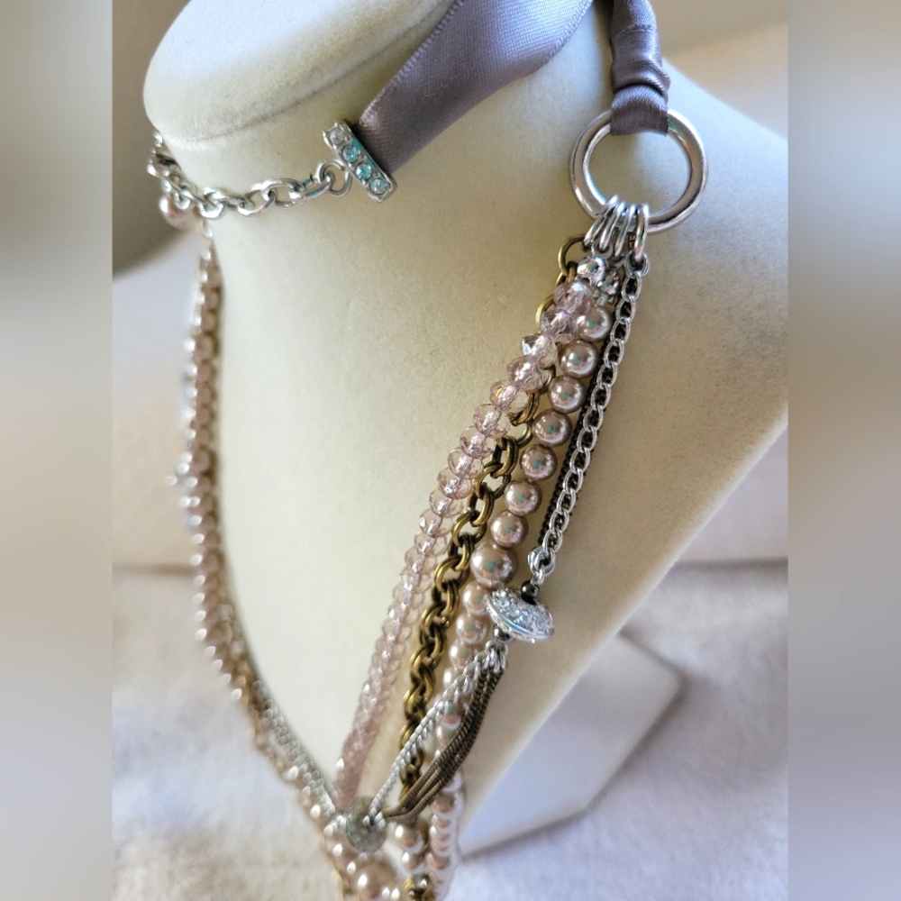LOFT | Long Silver Tone Crystal Faux Pearl Layered Statement Necklace - Picture 11 of 13